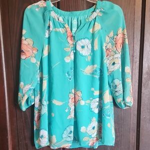St. John's Bay Floral Blouse in Teal and Peach